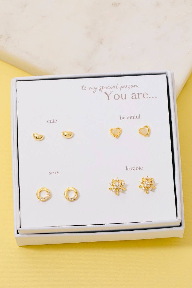 Gold Dipped Cluster And Heart Stud Earrings Set