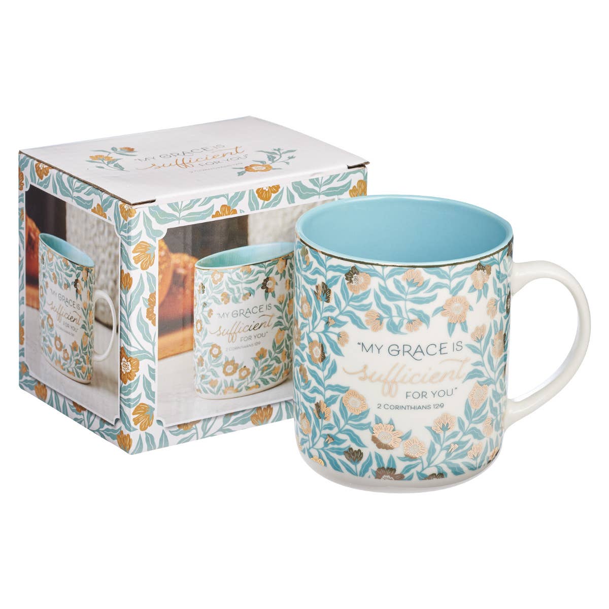 Mug My White/Teal Floral Grace is Sufficient 2 Cor 12:9