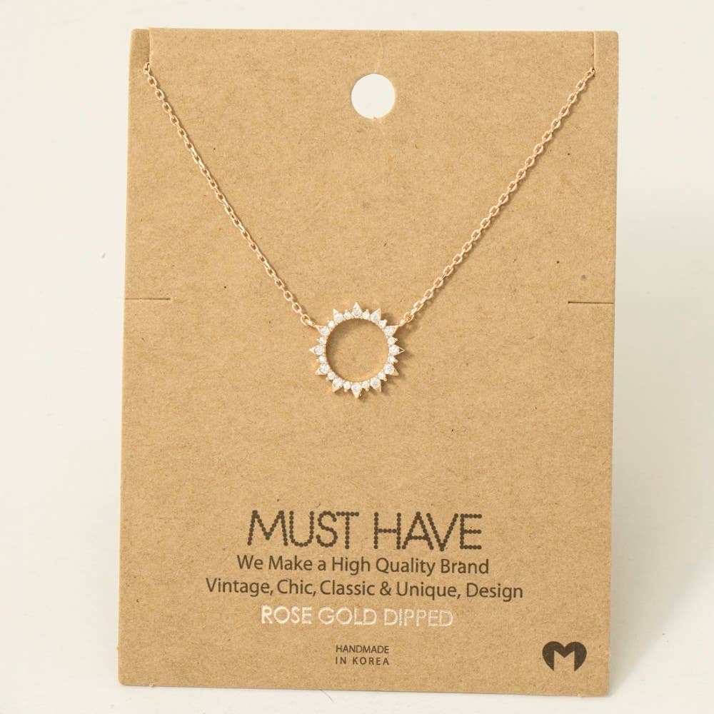 Gold Dipped Pave Circle Sun Pendant Necklace