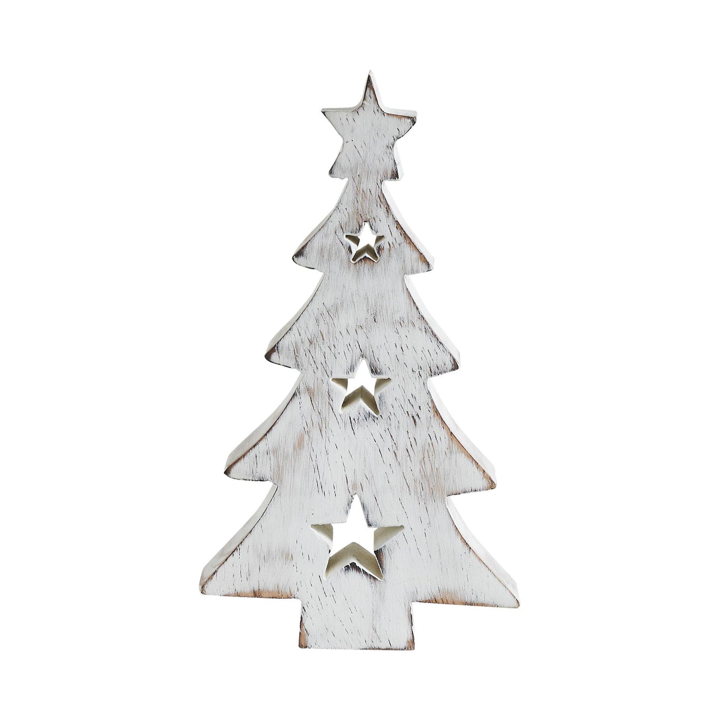 Christmas Tree w/ Stars White Wooden Figurine 6x3.25x1