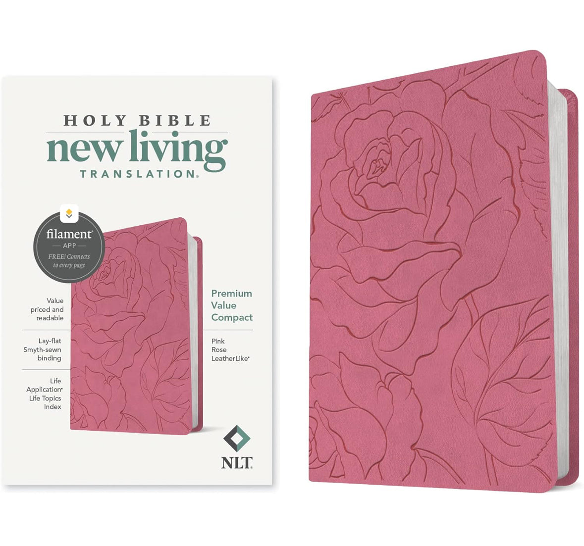 NLT Premium Value Compact Bible, Filament Enabled (LeatherLike, Pink Rose)
