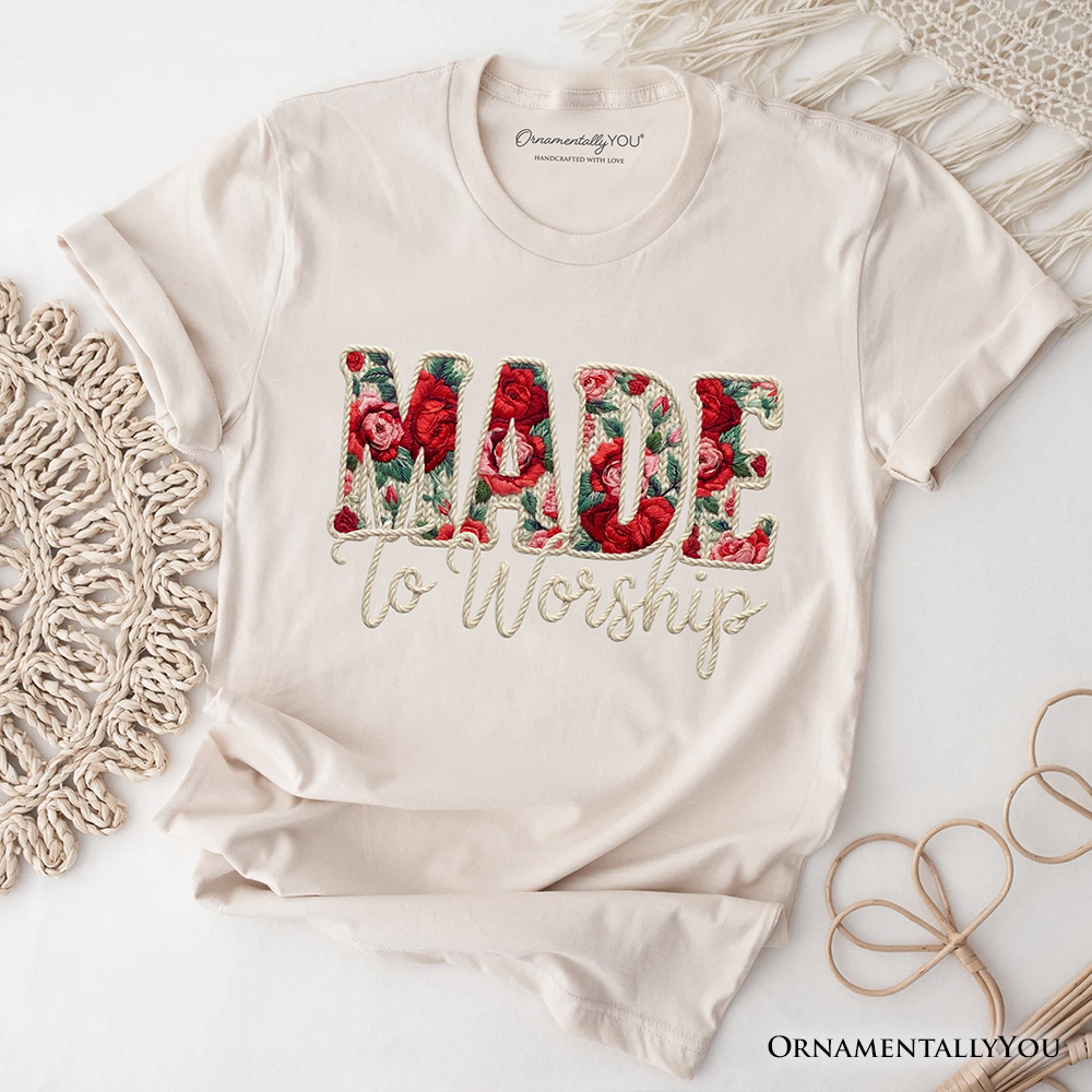 Made to Worship Printed Faux Yarn Crochet Christian T-Shirt, Floral Retro Faith Tee