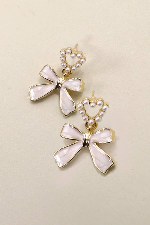 BOW HEART PEARL DROP EARRINGS | 80E3002