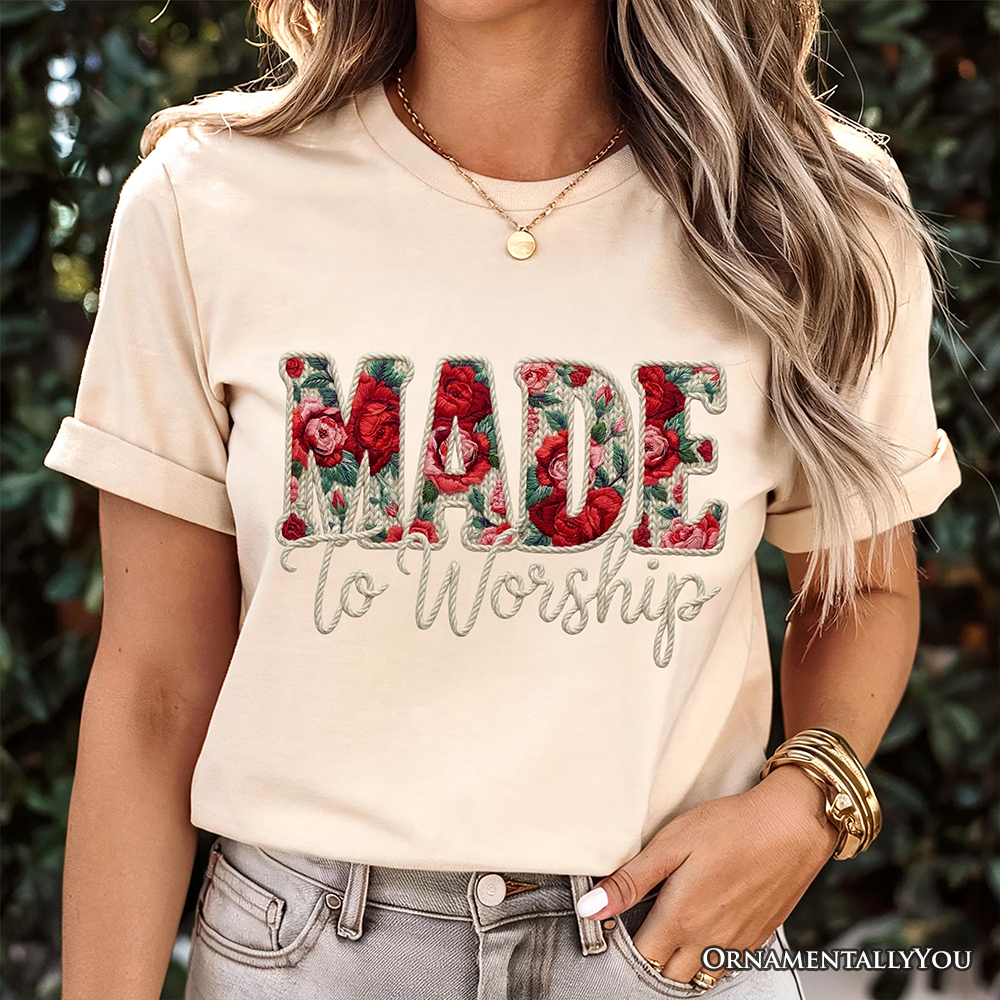 Made to Worship Printed Faux Yarn Crochet Christian T-Shirt, Floral Retro Faith Tee