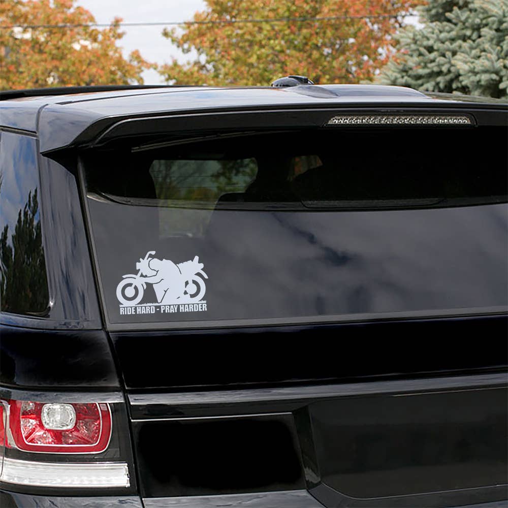 Auto Vinyl Decal - Ride Hard Pray Harder - White - 6Inx4In
