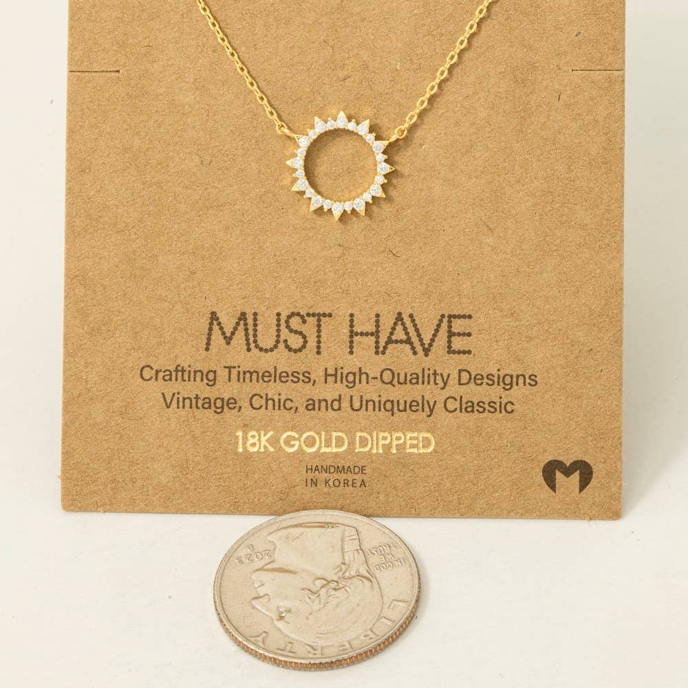 Gold Dipped Pave Circle Sun Pendant Necklace