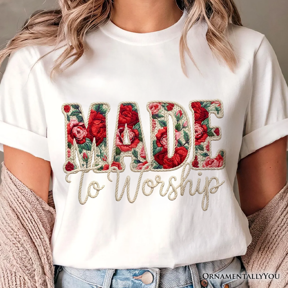 Made to Worship Printed Faux Yarn Crochet Christian T-Shirt, Floral Retro Faith Tee