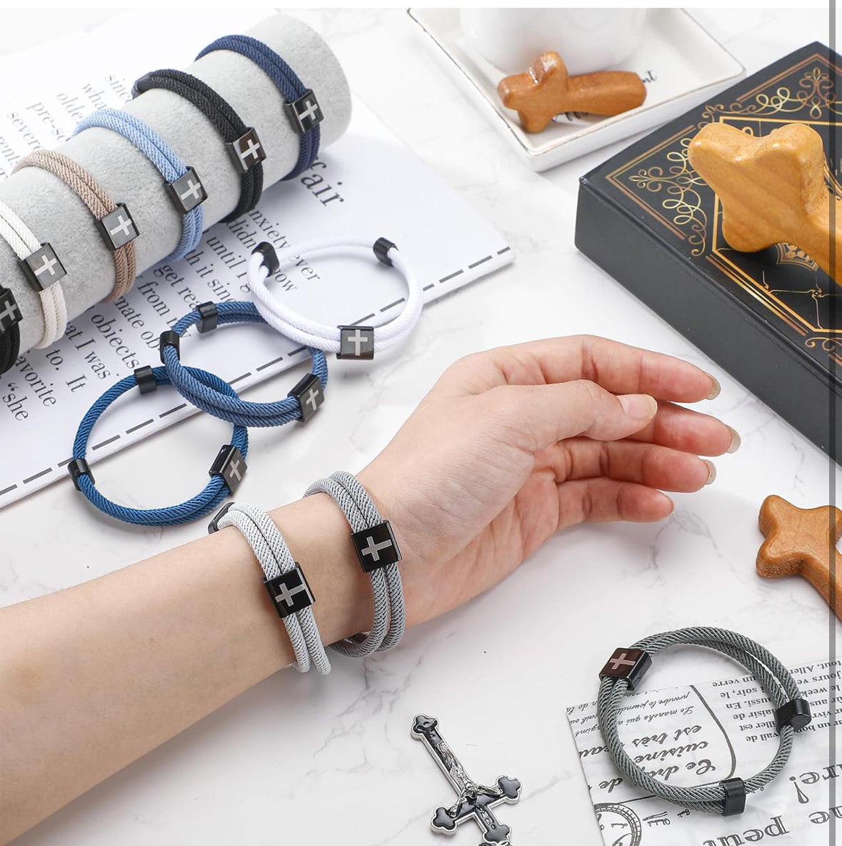 Braided Cross Bracelet for Men Women Christian Adjustable Rope Jesus Bracelets with Metal Knot