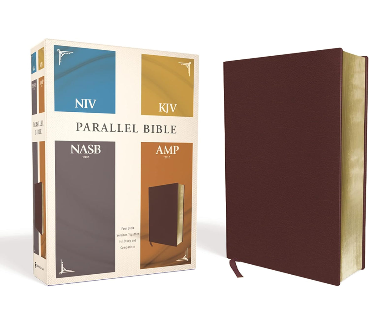 NIV, KJV, NASB, Amplified, Parallel Bible, Bonded Leather, Burgundy: Four Bible Versions Together for Study and Comparison