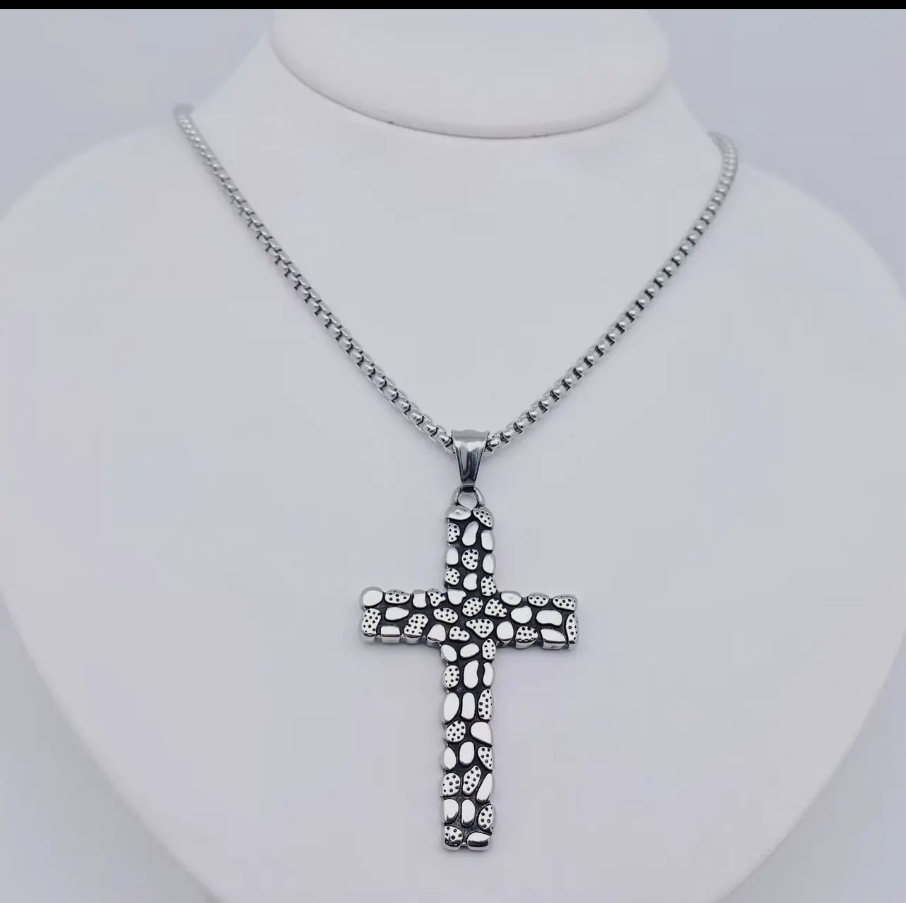 Cobblestone Design Stainless Steel Cross Necklace