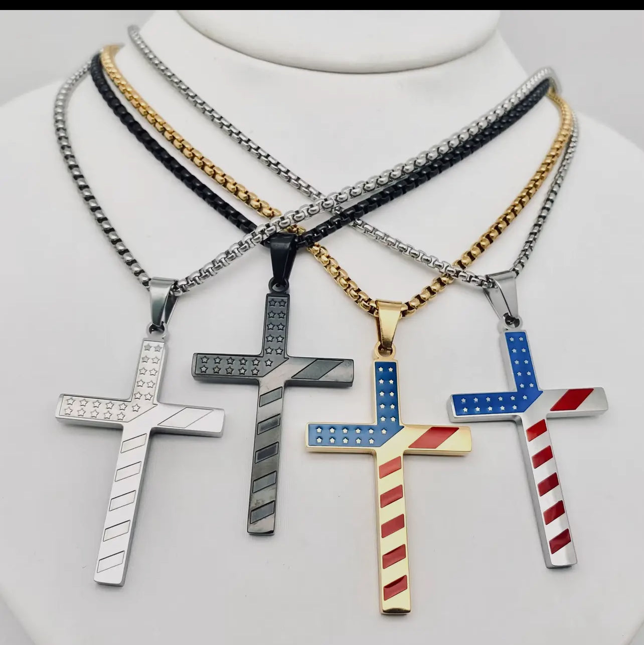 Stars and Stripe Flag Stainless Steel Cross Necklace