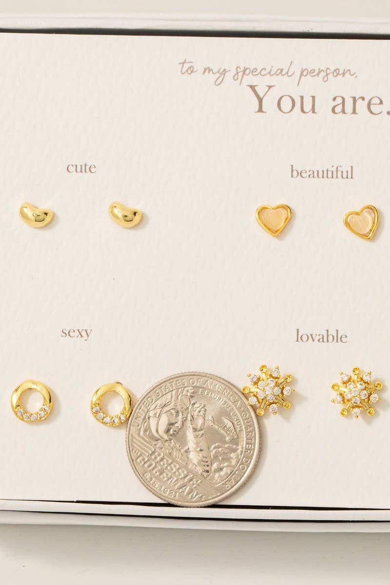 Gold Dipped Cluster And Heart Stud Earrings Set