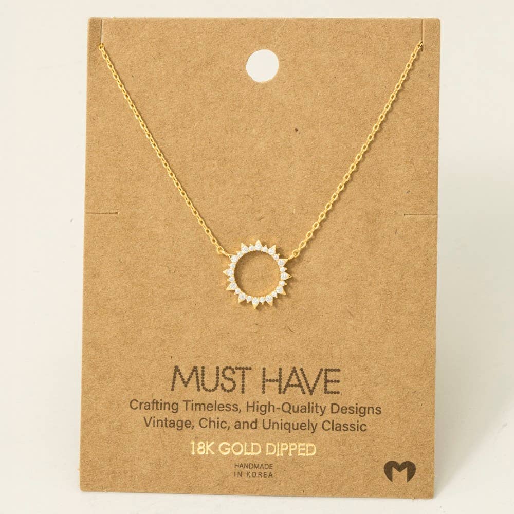 Gold Dipped Pave Circle Sun Pendant Necklace