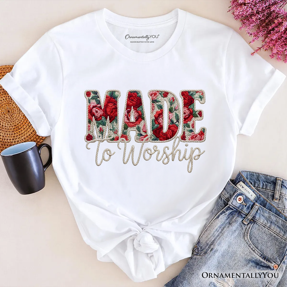 Made to Worship Printed Faux Yarn Crochet Christian T-Shirt, Floral Retro Faith Tee