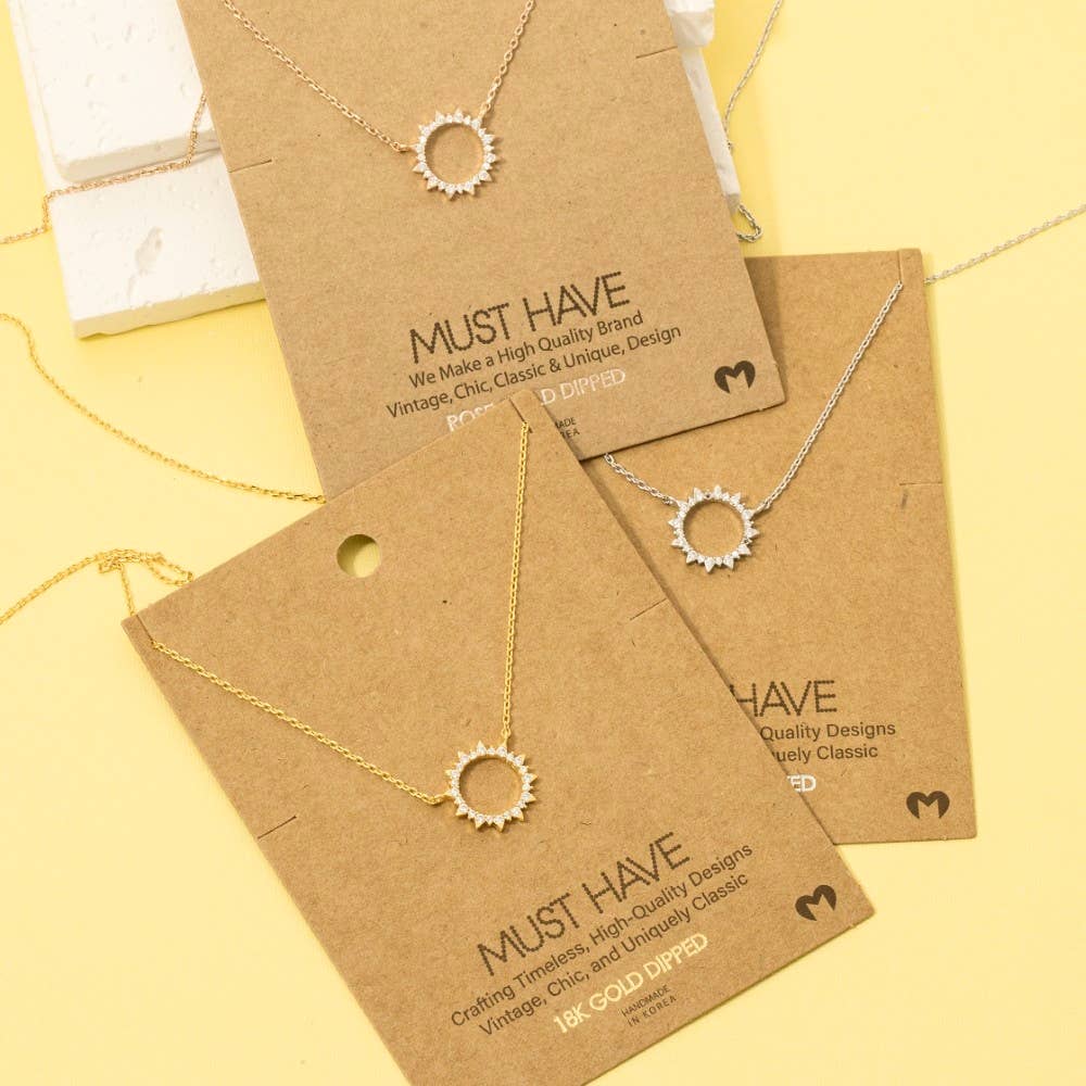 Gold Dipped Pave Circle Sun Pendant Necklace