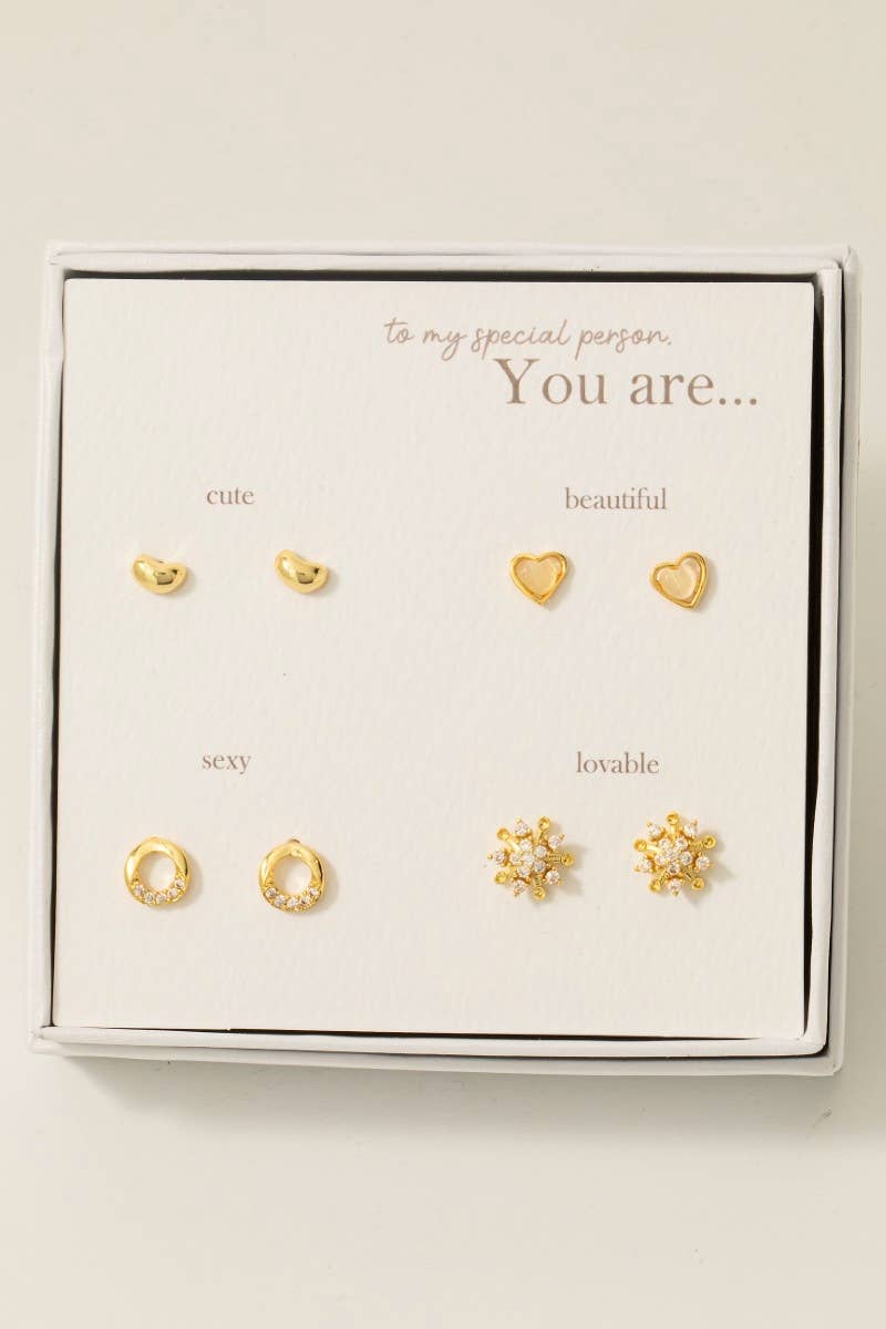 Gold Dipped Cluster And Heart Stud Earrings Set