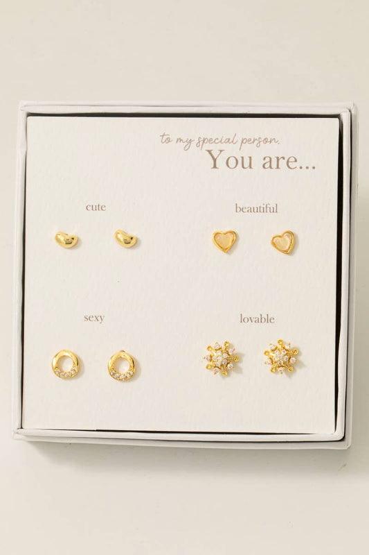 Gold Dipped Cluster And Heart Stud Earrings Set