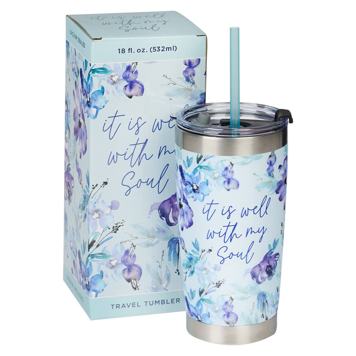 Mug SS Travel Blue Floral It is Well with My Soul