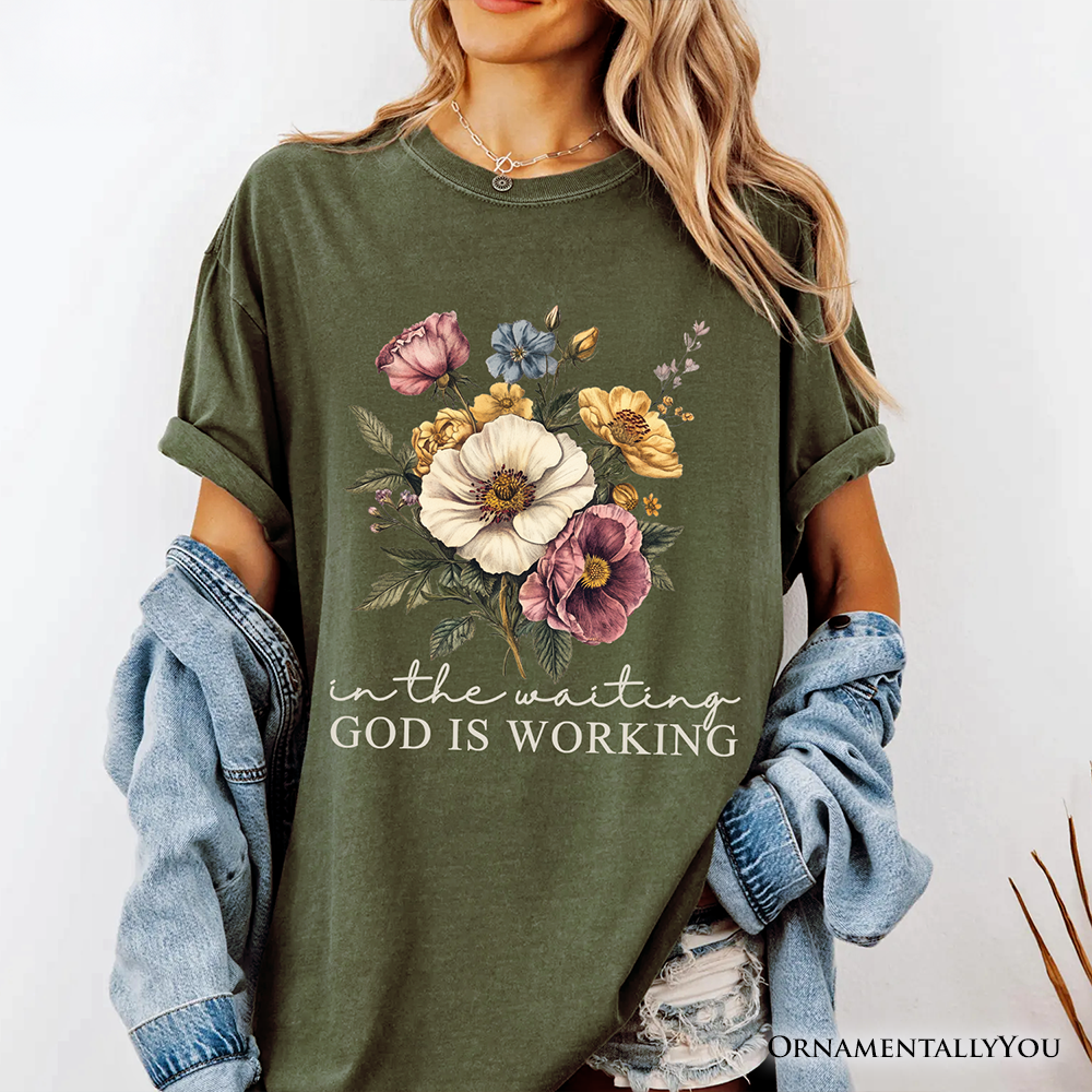 In the Waiting God Is Working Floral Christian T-Shirt, Vintage Wildflower Faith Tee